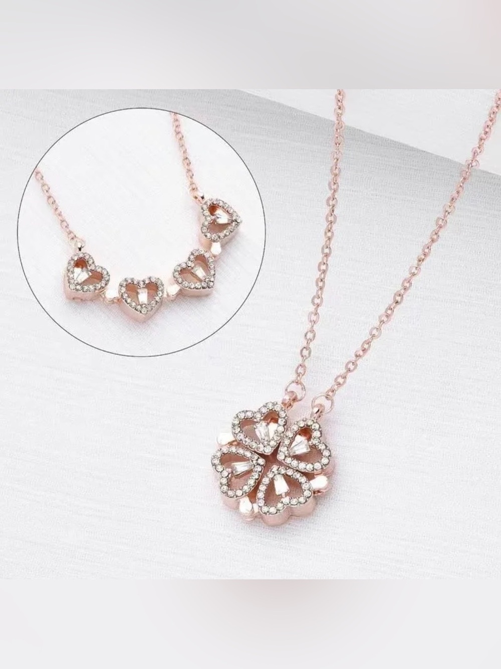 Rose Gold Heart/ Clover 2 Ways Wearing Pendant Necklace - Women Jewelry